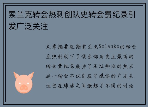 索兰克转会热刺创队史转会费纪录引发广泛关注